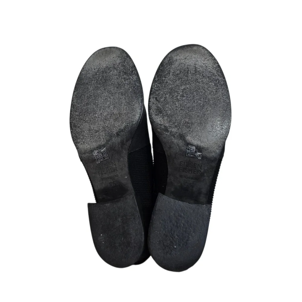 Eileen Fisher‎ Black Leather Knit Sock Ankle Boots Block Heel Made in Italy 8.5